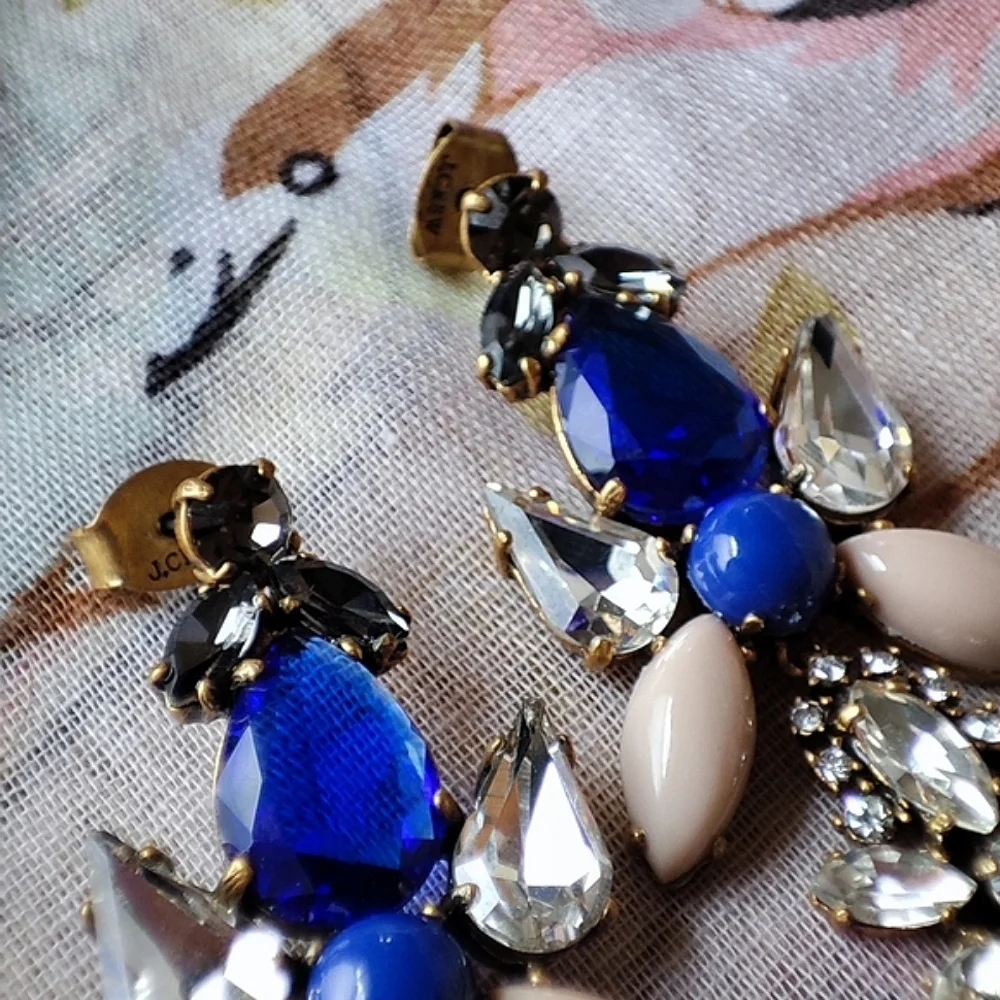 J. Crew Brand Sapphire Blue Opaque Cabachons Clear Rhinestones Pierced Earrings